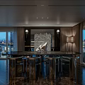 Modern Luxury Dining Living Room With Large Windows City View Black Bar And Metal Stools