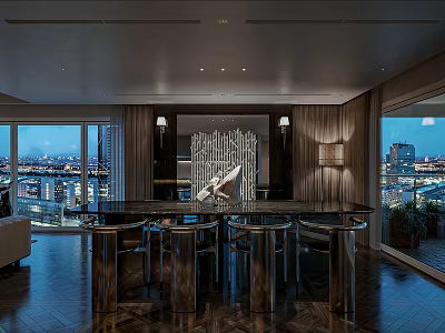 Modern Luxury Dining Living Room With Large Windows City View Black Bar And Metal Stools 3d model