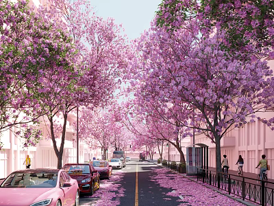 Pink Flowering Trees Lining the Street With Petals on Ground Cars and Pedestrians 3d model
