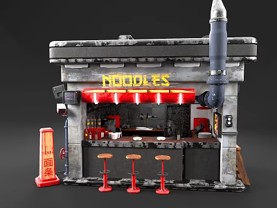 Stylish Noodle Shop Storefront With Neon Noodles Sign Red Awning And Red Stools 3d model