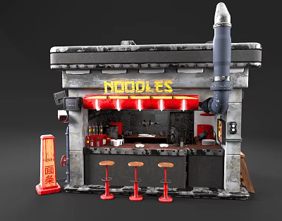 Stylish Noodle Shop Storefront With Neon Noodles Sign Red Awning And Red Stools 3d model