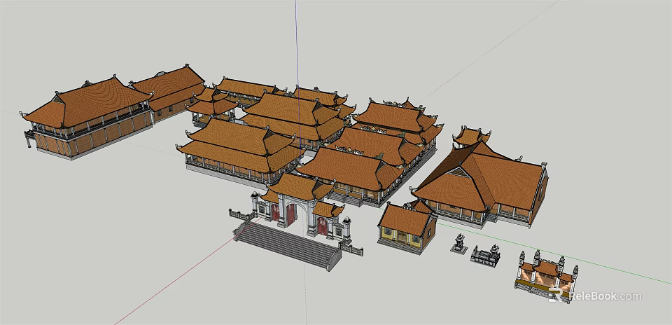 Ancient Chinese Architectural Complex With Curved Roofs And Courtyard Layout 3d model 