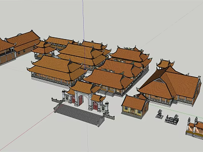 Ancient Chinese Architectural Complex With Curved Roofs And Courtyard Layout 3d model