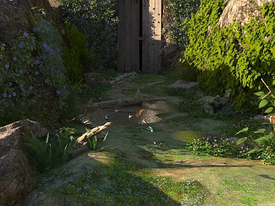Sunlit Garden Landscape With Stone Path Wooden Gate Lush Greenery Purple Flowers And Mossy Ground 3d model