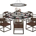 Round Dining Table Set With Wooden Frame Red Seats Hanging Chandelier And Tableware Decorations
