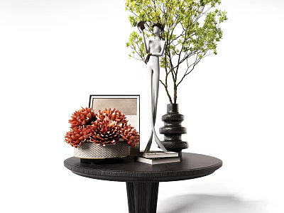 Stylish Tabletop Decor With Silver Sculpture Green Tree And Red Pinecones 3d model