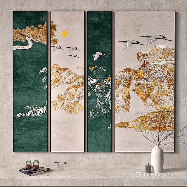 Four Panel Green And Gold Wall Art With Cranes Sun Landscape 3d model