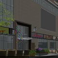 Bustling Commercial Street with Tall Buildings Glass Curtain Walls Store Signs and Pedestrians