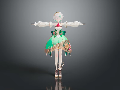 Game And Movie Character With White Short Hair Green White Dress And Flower Decorations 3d model