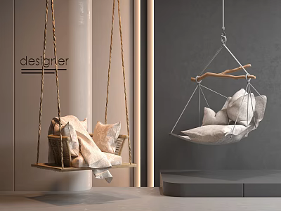 Stylish Hanging Chairs in Modern Interior Design With Wooden Frame Rope And Soft Pillows 3d model