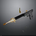 Handgun Firing With Muzzle Flame And Bullets On Reflective Surface