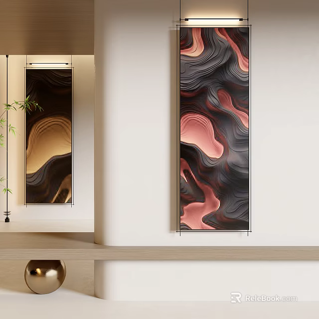 Vertical Abstract Paintings With Fluid Wave Patterns In Pink Gold Black Brown Hues 3d model 