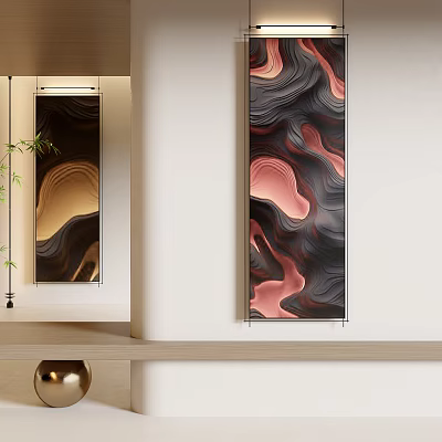 Vertical Abstract Paintings With Fluid Wave Patterns In Pink Gold Black Brown Hues 3d model