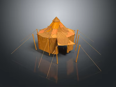 Yellow Canvas Camping Tent With Conical Roof And Support Poles For Outdoor Furniture 3d model
