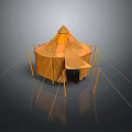 Yellow Canvas Camping Tent With Conical Roof And Support Poles For Outdoor Furniture