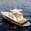 Modern Luxury Yacht With White Upper Deck And Dark Hull On Calm Water
