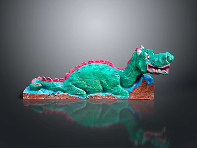 Vibrant Green Dragon Sculpture With Red Accents Lying On Brown Base Artistic 3d model