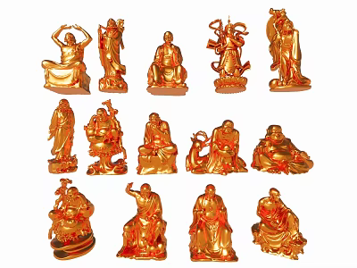 Traditional Carved Golden Buddhist Sculptures With Various Poses And Artistic Details 3d model