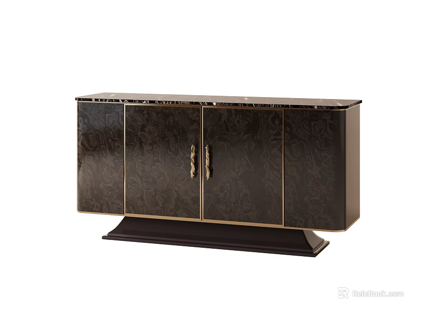 Black Glossy Console Cabinet With Floral Carvings And Gold Handles Sturdy Base 3d model 