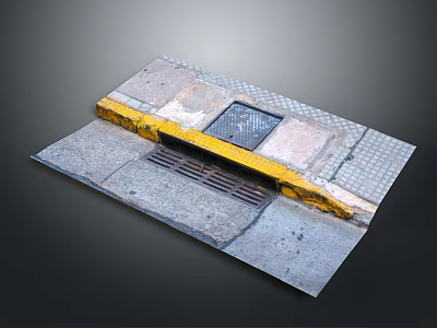 Urban Road Pavement Components With Yellow Curb Metal Grate Drainage And Concrete Slabs 3d model