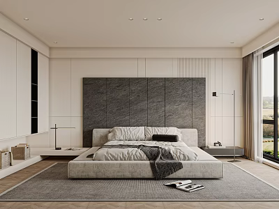 Modern Minimalist Bedroom Interior Design With Grey Textured Headboard Wall And Floor To Ceiling Windows 3d model