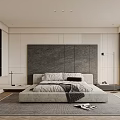 Modern Minimalist Bedroom Interior Design With Grey Textured Headboard Wall And Floor To Ceiling Windows