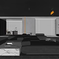 Modern Living Room Interior With Dark Sofa Marble Coffee Table And Large Windows Blinds