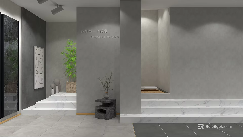 Minimalist Modern Interior Design With Gray Walls White Marble Steps Green Plants And Decorative Painting 3d model 