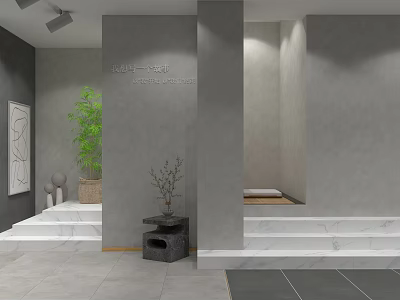 Minimalist Modern Interior Design With Gray Walls White Marble Steps Green Plants And Decorative Painting 3d model