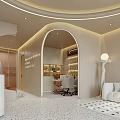 Modern Elegant Beauty Hair Salon Interior With Curved Design White Counter Product Shelves Lighting Decor