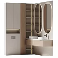 Modern Bathroom Vanity With Double Sinks Wooden Cabinet And Round Mirror