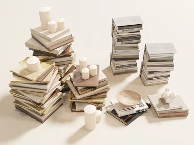 Neatly Stacked Books And Magazines With White Candles And Decorative Plates 3d model