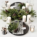 Festive Tableware Set With Evergreen Greenery Pine Cones White Candles And Wine Glasses