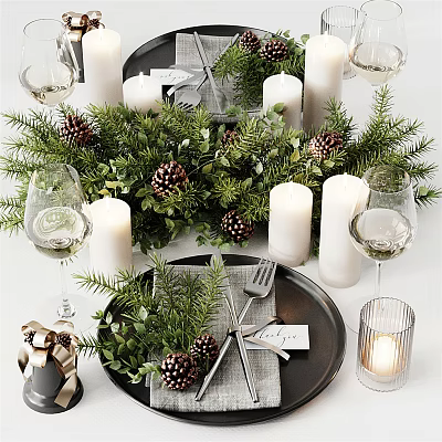 Festive Tableware Set With Evergreen Greenery Pine Cones White Candles And Wine Glasses 3d model