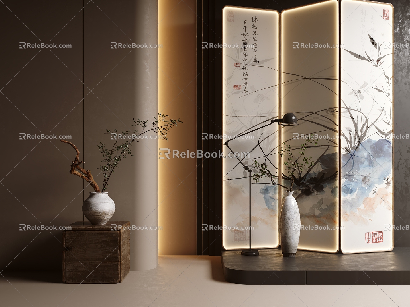 New Chinese Screen Middle Style Trunk Flower Floor Lamp 3d model