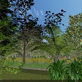 Lush Garden Landscape With Green Trees Palm Plants Yellow Flowers And Blue Sky