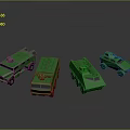Four Green Military Tank Models Arranged in a Row on Dark Background Surface