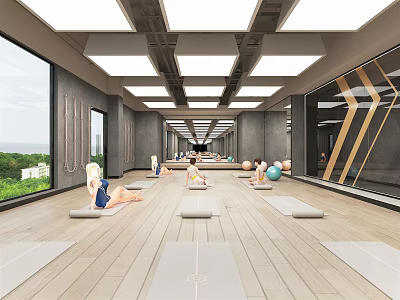 Spacious Modern Yoga Studio People Practicing Yoga On Mats With Balls Windows And Natural Views 3d model