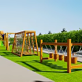 Wooden Playground Equipment With Triangular Roof Slide Climbing Net Colorful Dots On Green Grass