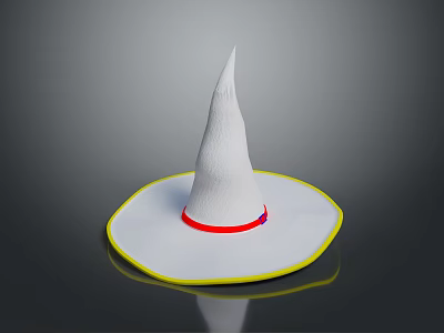 White Pointed Top Wizard Hat With Yellow Brim And Red Ribbon Decoration 3d model