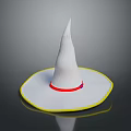 White Pointed Top Wizard Hat With Yellow Brim And Red Ribbon Decoration