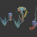 Colorful Tropical Plants With Vibrant Flowers And Coral Like Structures On Black Background
