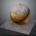 Display of Orange Sphere With Maps and Text on Gray Square Platform