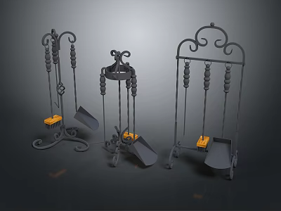 Decorative Iron Tool Racks With Hanging Shovels And Yellow Bases For Household Use 3d model