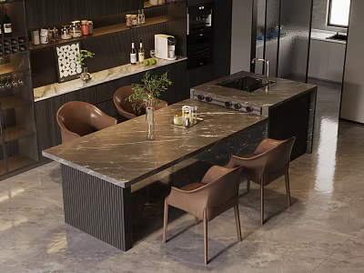 Modern Kitchen Interior Design With Island Counter Brown Chairs Green Plant And Dark Cabinets 3d model