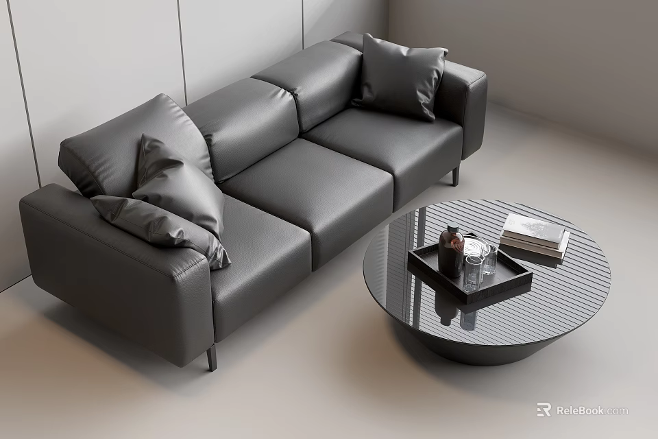 Modern Gray Leather Three Seater Sofa With Pillows And Round Coffee Table 3d model