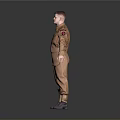 Male Model In Brown Work Overalls Standing With Arms Outstretched On Gray Background