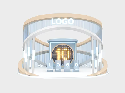 Modern Exhibition Booth With Circular Design Transparent Walls And Lighted LOGO Center 3d model
