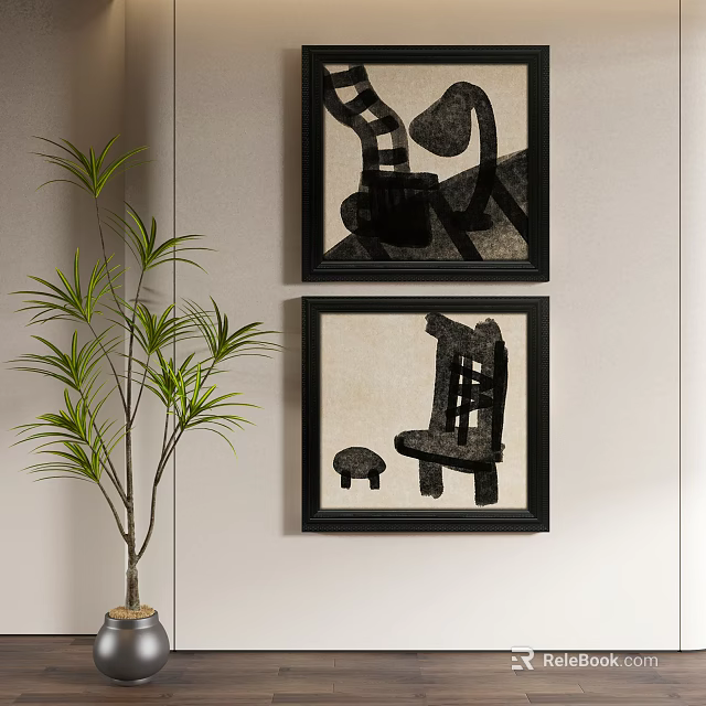 Two Abstract Paintings With Black Frames On Wall Featuring Abstract Chair Stool And Green Plant 3d model 