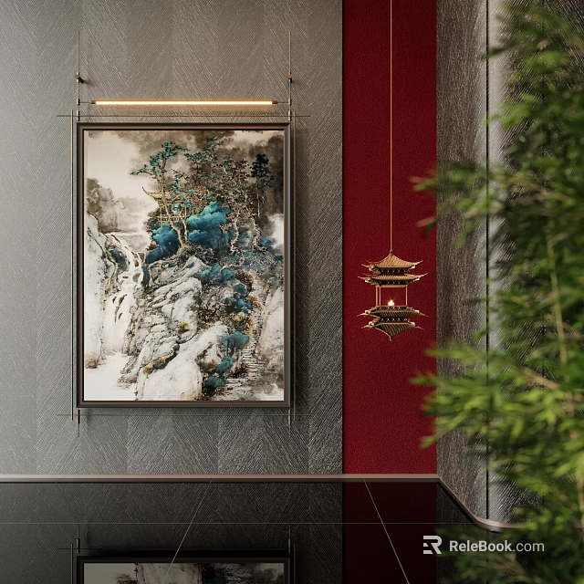 Traditional Chinese Interior With Landscape Painting Hanging Lantern And Green Plants 3d model 
